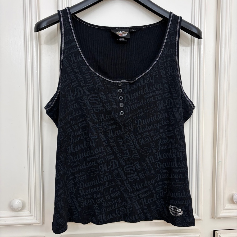 VTG 2009 Harley-Davidson Black Print-All-Over Ribbed Graphic Button Tank Top XL